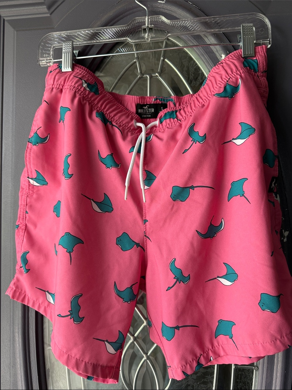 Hollister Men’s Stretch Small Pink Swim Trunks with Teal Manta Ray Print